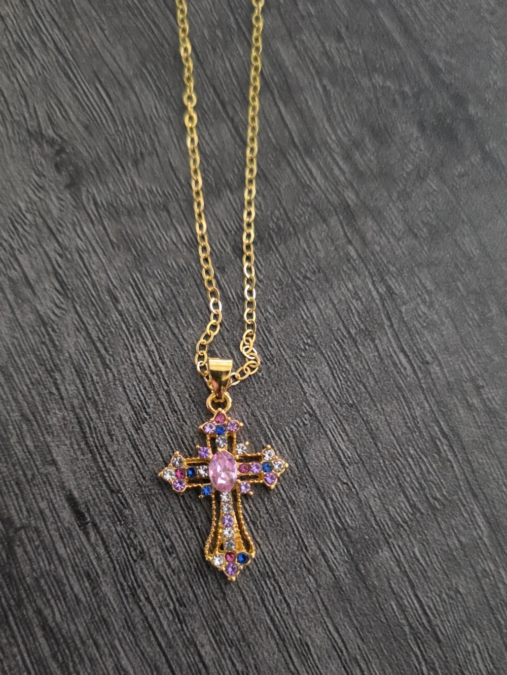 Gold Cross Pendant Necklace with Pink and Purple Stones